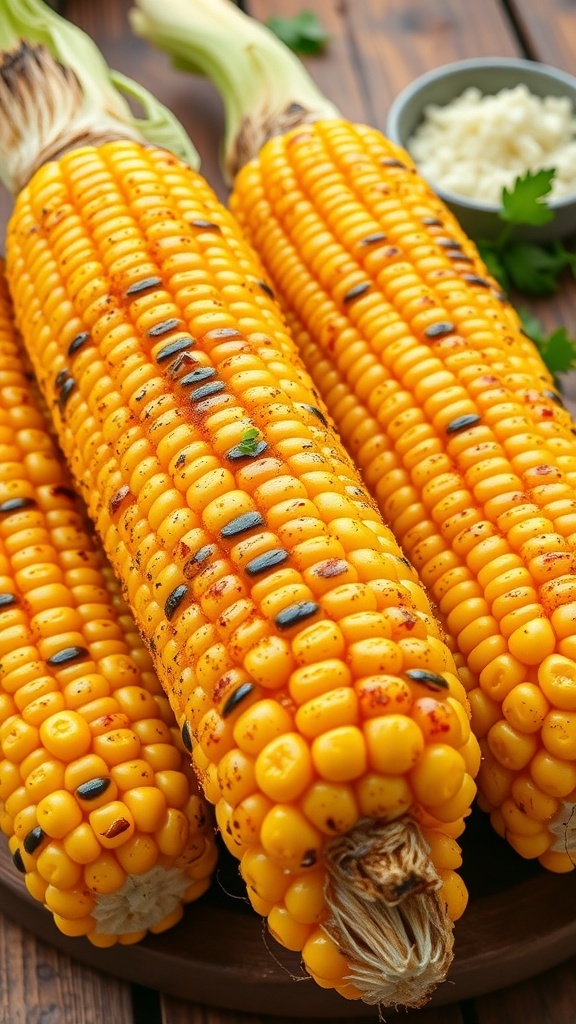 Grilled corn on the cob with charred kernels, seasoned with spices, on a rustic table with cheese and herbs.